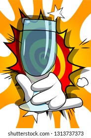 Vector cartoon hand holding full glass. Illustrated hand on comic book background.