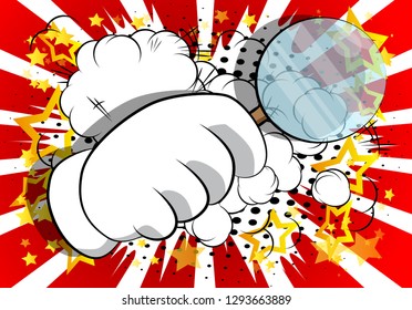 Vector cartoon hand holding a magnifying glass. Illustrated hand expression, gesture on comic book background.