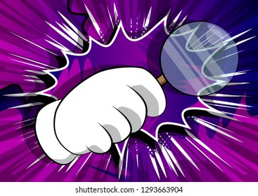 Vector cartoon hand holding a magnifying glass. Illustrated hand expression, gesture on comic book background.