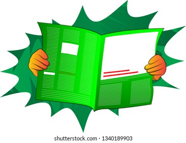 Vector cartoon hand holding a newspaper. Illustrated hand on comic book background.