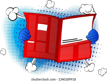 Vector cartoon hand holding a newspaper. Illustrated hand on comic book background.