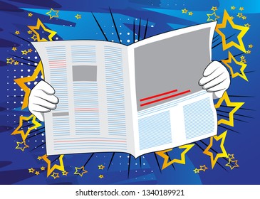 Vector cartoon hand holding a newspaper. Illustrated hand on comic book background.