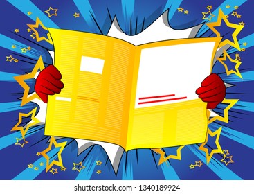 Vector cartoon hand holding a newspaper. Illustrated hand on comic book background.