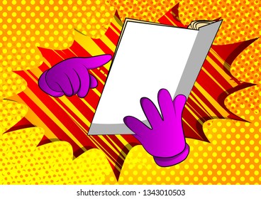 Vector cartoon hand holding and pointing at an opened book. Illustrated hand on comic book background.