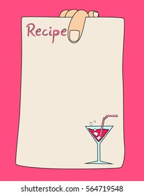 Vector Cartoon Hand Holding Recipe Card Template With Cocktail.