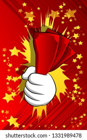 Vector cartoon hand holding or showing money bills. Illustrated hand on comic book background.