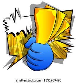 Vector cartoon hand holding or showing money bills. Illustrated hand on comic book background.