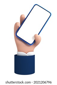 Vector cartoon hand holding smartphone with white blank screen isolated on white background.