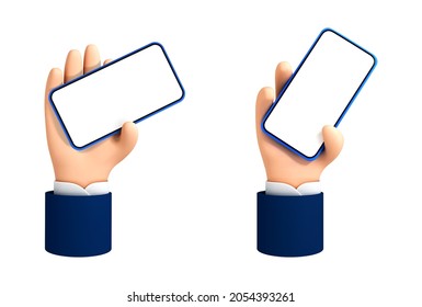 Vector cartoon hand holding smartphone on white background. Cartoon device Mockup