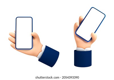 Vector cartoon hand holding smartphone on white background. Cartoon device Mockup.