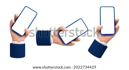 Vector cartoon hand holding smartphone with white blank screen isolated on white background.