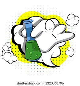 Vector cartoon hand holding a test tube. Illustrated hand on comic book background.
