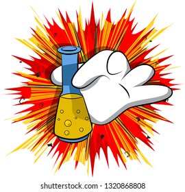 Vector cartoon hand holding a test tube. Illustrated hand on comic book background.