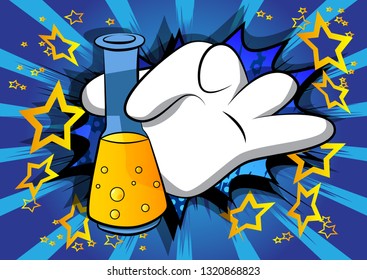 Vector cartoon hand holding a test tube. Illustrated hand on comic book background.