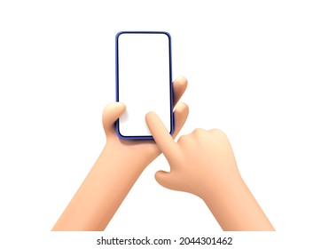 Vector Cartoon Hand Holding And Touching Phone Mockup Template. Cartoon Hands With Smartphone, Scrolling Or Searching For Something, Isolated On White Background.