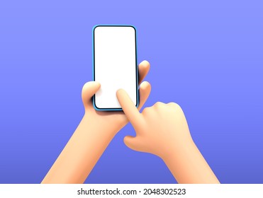 Vector cartoon hand holding and touching phone mockup template. Cartoon hands with smartphone, scrolling or searching for something. Cartoon hand holding smartphone isolated on blue background.