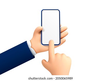 Vector Cartoon Hand Holding And Touching Phone Mockup Template. Cartoon Hands With Smartphone, Scrolling Or Searching For Something.