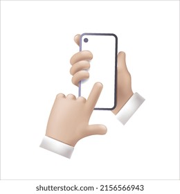Vector cartoon hand holding and touching phone mockup template. Cartoon hands with smartphone, scrolling or searching for something.