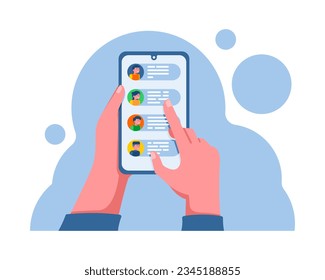 Vector cartoon hand holding and touching phone mockup template. Cartoon hands with smartphone, scrolling or searching for something vector illustration