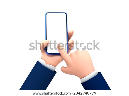 Vector cartoon hand holding and touching phone mockup template. Cartoon hands with smartphone, scrolling or searching for something, isolated on white background.