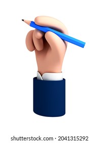 Vector cartoon hand holds pencil isolated on white background.