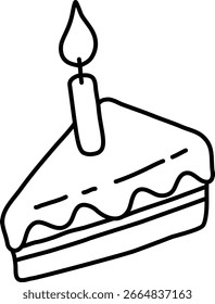 Vector Cartoon Hand Illustrated Sliced Cake With Candle Line Art