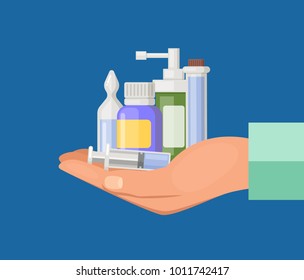 Vector cartoon hand keeping pile of medicines. Medical drug and medicament pills illustration