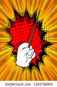Vector cartoon hand with Magic Stick. Illustrated hand on comic book background.