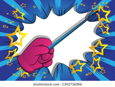 Vector cartoon hand with Magic Stick. Illustrated hand on comic book background.