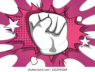 Vector cartoon hand making power to the people fist gesture. Illustrated hand sign on comic book background.