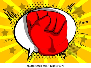 Vector cartoon hand making power to the people fist gesture. Illustrated hand sign on comic book background.