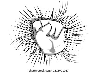 Vector cartoon hand making power to the people fist gesture. Illustrated hand sign on comic book background.