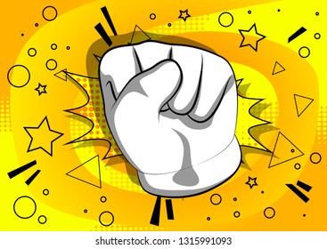 Vector cartoon hand making power to the people fist gesture. Illustrated hand sign on comic book background.