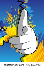 Vector cartoon hand pointing at the viewer. Illustrated hand expression, gesture on comic book background.