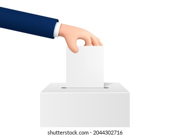 Vector cartoon hand putting paper into ballot box. Cartoon style voting concept isolated on white background.