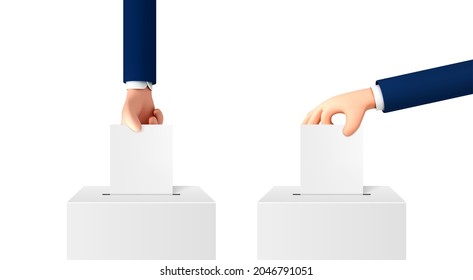 Vector cartoon hand putting paper into ballot box. Cartoon style voting concept isolated on white background.