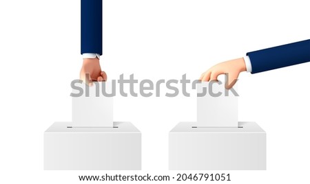 Vector cartoon hand putting paper into ballot box. Cartoon style voting concept isolated on white background.