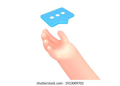 Vector cartoon hand receive message with blue chat bubble, isolated on white background. Messenger in social media concept illustration.