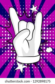 Vector cartoon hand in rocker pose. Illustrated hand expression, gesture on comic book background.