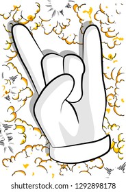 Vector cartoon hand in rocker pose. Illustrated hand expression, gesture on comic book background.