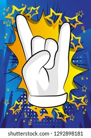 Vector cartoon hand in rocker pose. Illustrated hand expression, gesture on comic book background.