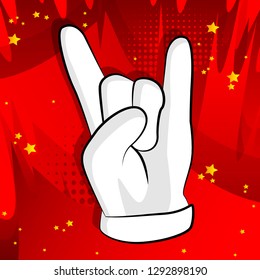 Vector cartoon hand in rocker pose. Illustrated hand expression, gesture on comic book background.