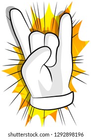 Vector cartoon hand in rocker pose. Illustrated hand expression, gesture on comic book background.