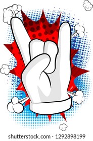 Vector cartoon hand in rocker pose. Illustrated hand expression, gesture on comic book background.