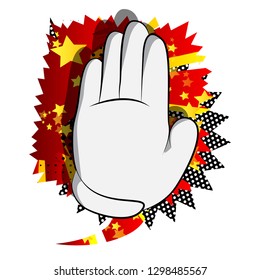 Vector cartoon hand showing deny or refuse gesture. Illustrated hand sign on comic book background.