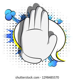 Vector cartoon hand showing deny or refuse gesture. Illustrated hand sign on comic book background.