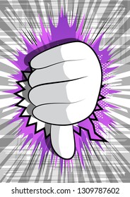 Vector cartoon hand showing dislike. Illustrated hand sign on comic book background.