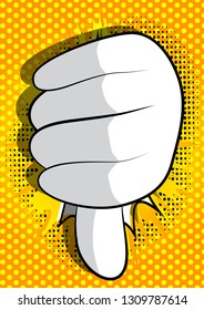 Vector cartoon hand showing dislike. Illustrated hand sign on comic book background.