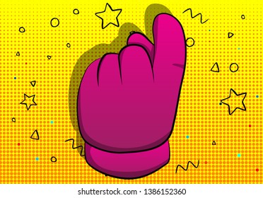 Vector cartoon hand showing invitation sign. Illustrated hand sign on comic book background.