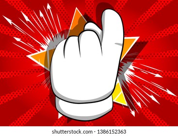 Vector cartoon hand showing invitation sign. Illustrated hand sign on comic book background.